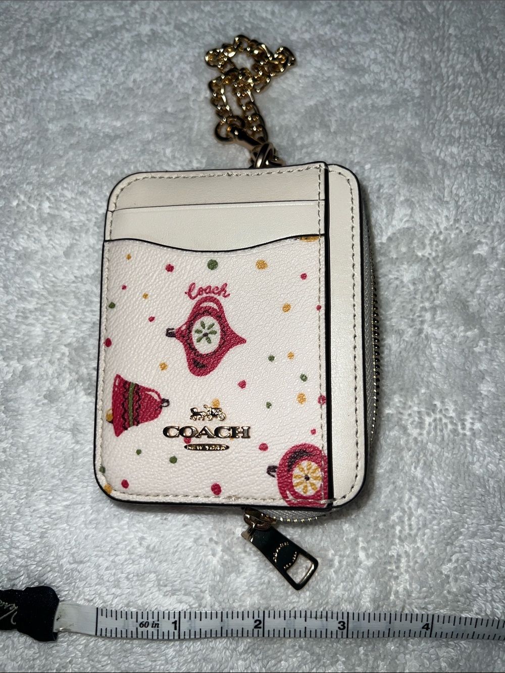 Coach Cream Christmas Ornament Dot Zip Card Holder with Gold Chain